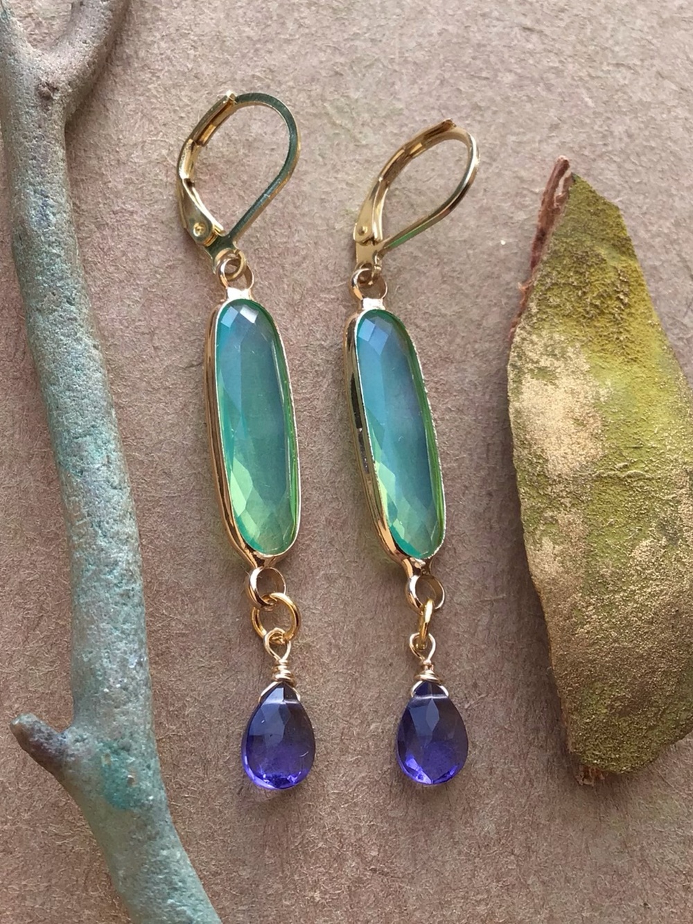 Blue mint chalcedony bezel tanzanite quartz gold plated Earrings - Picture 2 of 13